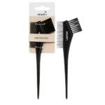 Deux pinceaux noirs pour teinture capillaire sont présentés. L'un est emballé, affichant la marque « ebelin » sur un carton beige avec l'inscription « Haarfärbepinsel ». L'autre est placé à côté, avec ses poils apparents et son manche pointu. Dakar