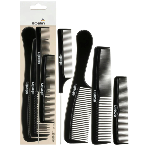 Un ensemble de cinq peignes noirs de styles et de tailles variés, comprenant un peigne à dents fines, un peigne à dents larges et un peigne à queue, présentés sur un fond blanc dans un emballage de vente au détail étiqueté « ebelin ». Dakar