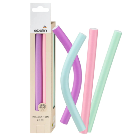 Quatre bigoudis colorés sont présentés à côté de leur emballage. Les bigoudis sont déclinés dans des tons pastel de violet, rose et vert. L'emballage porte le nom de la marque « ebelin » et laisse apparaître les mêmes couleurs à travers une fenêtre transparente. Dakar