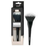 Pinceau de maquillage présenté dans un emballage étiqueté « Bronzer Pinsel » par Ebelin. Le pinceau est doté d'un manche noir et de poils doux bicolores allant du noir au blanc. La boîte noire affiche les informations produit. Dakar