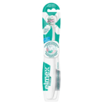 Emballage d'une brosse à dents sensible « Expert Präzision » de la marque Elmex, aux couleurs turquoise et blanc. L'emballage met en valeur ses poils extra-doux et son design de précision, avec des textes en allemand et en français. Dakar