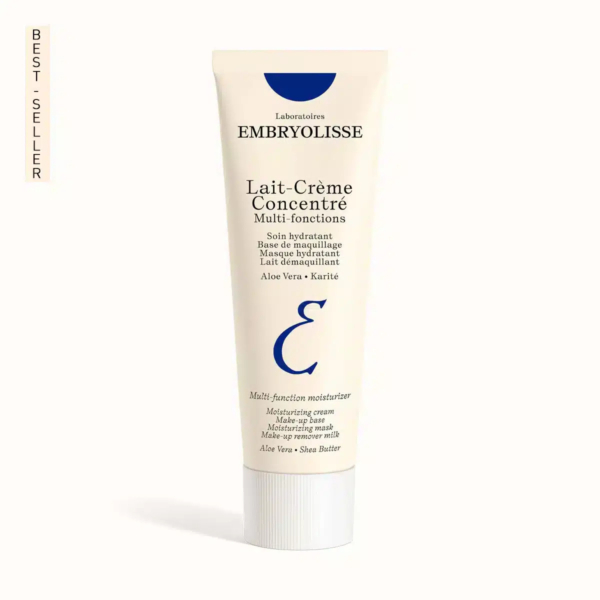 Un tube de Lait-Crème Concentré Embryolisse se dresse sur un fond uni. Son emballage crème, orné d'un texte bleu marine et doré, le présente comme un hydratant multifonction best-seller à l'aloe vera et au beurre de karité. Dakar