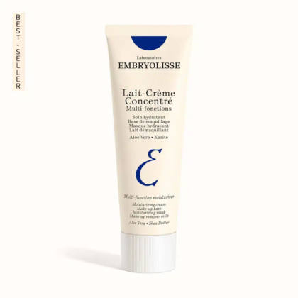 Un tube de Lait-Crème Concentré Embryolisse est présenté sur fond blanc. L'emballage est orné d'un texte bleu et noir, soulignant sa nature hydratante multifonctionnelle à l'aloe vera et au beurre de karité. Une étiquette « Meilleure vente » figure sur le côté. Dakar