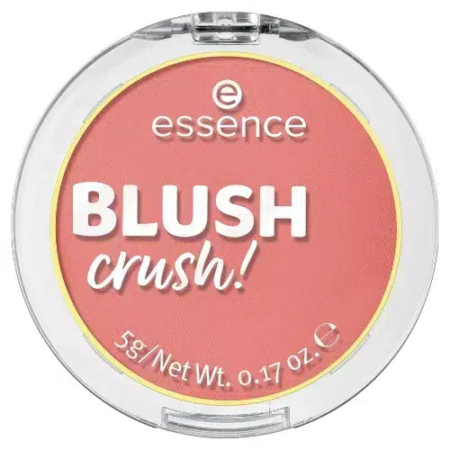 Un poudrier rond Essence Blush Crush dans un étui transparent. Le blush est d'un rose doux. Sur le couvercle, on peut lire « essence BLUSH crush ! » et « 5 g/poids net ». Dakar