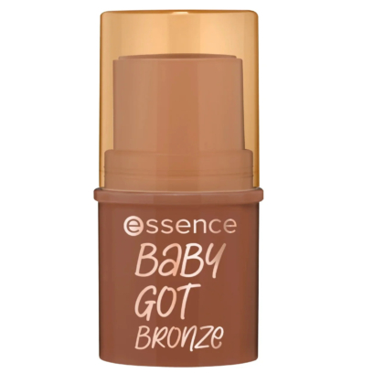 Un stick cosmétique de teinte marron au bouchon translucide. L'étiquette indique « essence BABY GOT BRONZE » en blanc. Dakar
