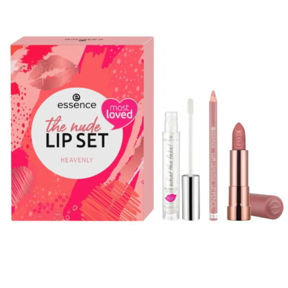 Un coffret coloré, étiqueté « Essence : Coffret Lèvres Nude – Heavenly », aux motifs roses et rouges. À l'avant, on trouve un gloss transparent, un crayon à lèvres et un rouge à lèvres nude avec son bouchon ouvert. Dakar