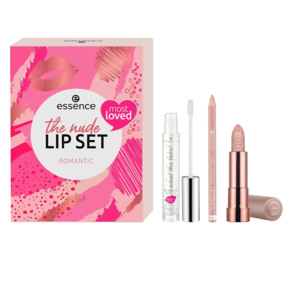 L'Essence « The Nude Lip Set » comprend trois articles : un brillant à lèvres transparent avec un capuchon argenté, un crayon à lèvres nude et un rouge à lèvres nude dans un étui en or rose métallisé, ainsi qu'une boîte colorée rose et rouge. Dakar