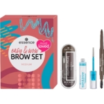 Un coffret coloré « Essence Easy & Wow Brow Set Medium » aux motifs abstraits. Il comprend une poudre à sourcils avec pinceau, un gel pour les cils et les sourcils, ainsi qu'un crayon à sourcils double embout aux teintes foncées et profondes. Dakar