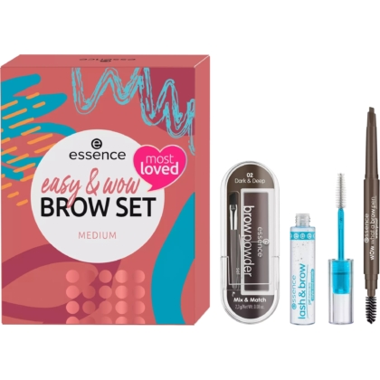 Un coffret coloré « Essence Easy & Wow Brow Set Medium » aux motifs abstraits. Il comprend une poudre à sourcils avec pinceau, un gel pour les cils et les sourcils, ainsi qu'un crayon à sourcils double embout aux teintes foncées et profondes. Dakar