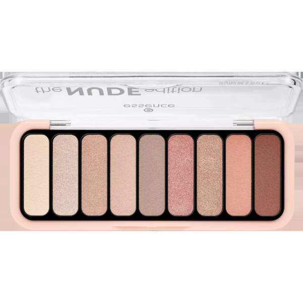 Une palette de fards à paupières ouverte au couvercle transparent dévoile dix nuances allant du beige clair au brun foncé. Les textures varient, certaines teintes paraissant mates, d'autres scintillantes, le tout présenté dans un boîtier rectangulaire rose clair. Dakar