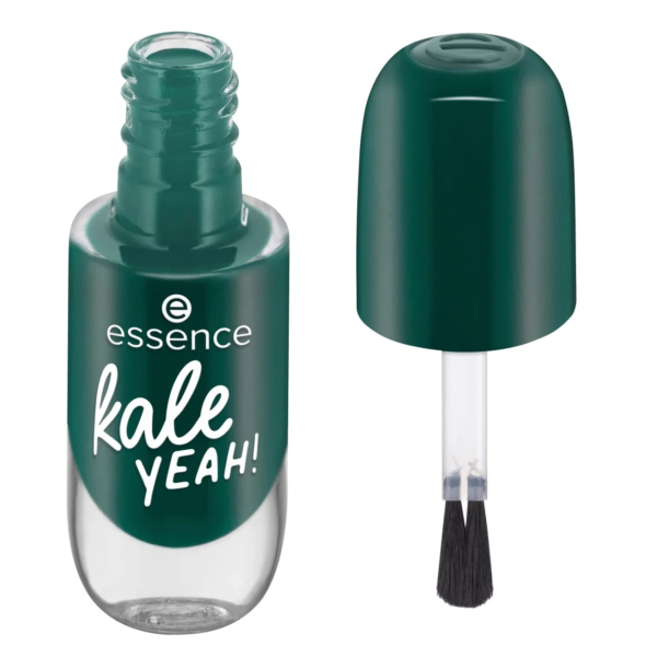 Ouvrez le flacon de vernis à ongles vert étiqueté « essence kale YEAH! » avec le bouchon retiré et le pinceau visible, placé à droite du flacon. Dakar