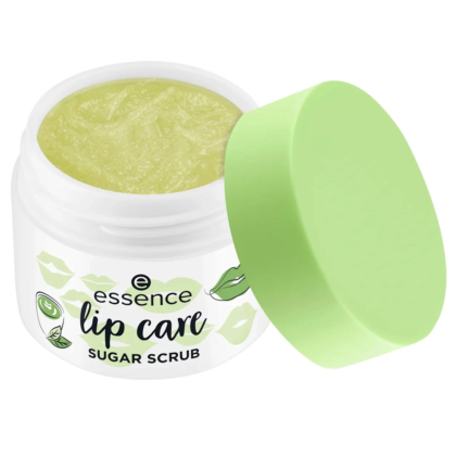 Ouvrez le pot de gommage au sucre Essence pour les lèvres avec son couvercle vert. Le contenant est blanc et orné d'illustrations de lèvres et de feuilles. Le gommage à l'intérieur est vert clair. Dakar