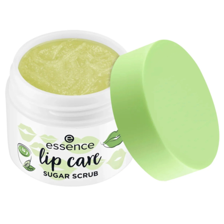 Ouvrez le pot de gommage au sucre Essence pour les lèvres avec son couvercle vert. Le contenant est blanc et orné d'illustrations de lèvres et de feuilles. Le gommage à l'intérieur est vert clair. Dakar