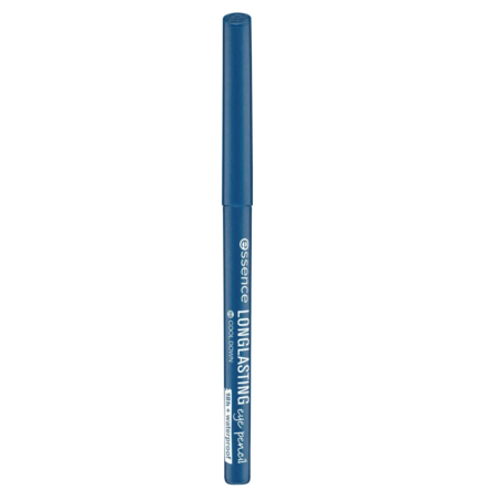 Crayon eye-liner longue tenue Essence bleu avec capuchon amovible. Le corps du crayon affiche la marque et le nom du produit en blanc. Dakar