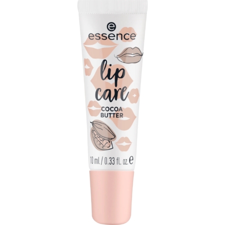 Un tube de soin pour les lèvres Essence au beurre de cacao. L'emballage présente des illustrations de lèvres et un pot de beurre de cacao. Le tube est blanc avec un bouchon couleur pêche et contient 10 ml de produit. Dakar