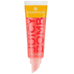 Image d'un tube rose et jaune étiqueté « essence » en haut. On peut y lire « Juicy Bomb » en grandes lettres roses et « shiny lipgloss » en dessous. Le tube est conçu pour une application facile grâce à son embout biseauté. Dakar