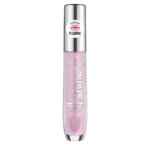 Un tube de gloss Essence Extreme Plumping Volume avec un bouchon argenté brillant. Le gloss est rose pâle et l'étiquette affiche « brillance extrême » et « gloss volume ». Le bouchon est orné d'un motif de lèvres « extrêmement repulpantes ». Dakar