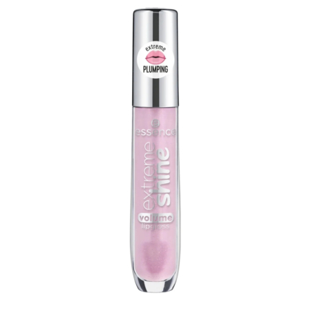Un tube de gloss Essence Extreme Plumping Volume avec un bouchon argenté brillant. Le gloss est rose pâle et l'étiquette affiche « brillance extrême » et « gloss volume ». Le bouchon est orné d'un motif de lèvres « extrêmement repulpantes ». Dakar