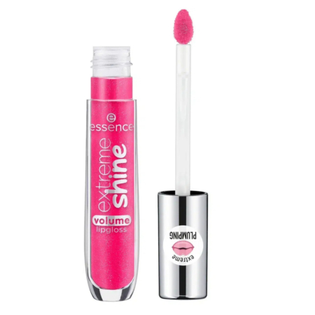 Tube de gloss Essence Extreme Shine Volume d'un rose vif, présenté avec son applicateur. L'étiquette porte les inscriptions « Extreme Shine » et « Volume Lipgloss », et un petit symbole de lèvres orne le bouchon métallique. Dakar