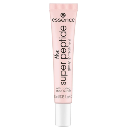 Un tube rose est présenté, étiqueté « Essence » et « soin lèvres brillant super peptide ». Il est également indiqué sur le tube qu'il contient 10 ml (0,33 fl oz) et contient du beurre de karité nourrissant. Dakar