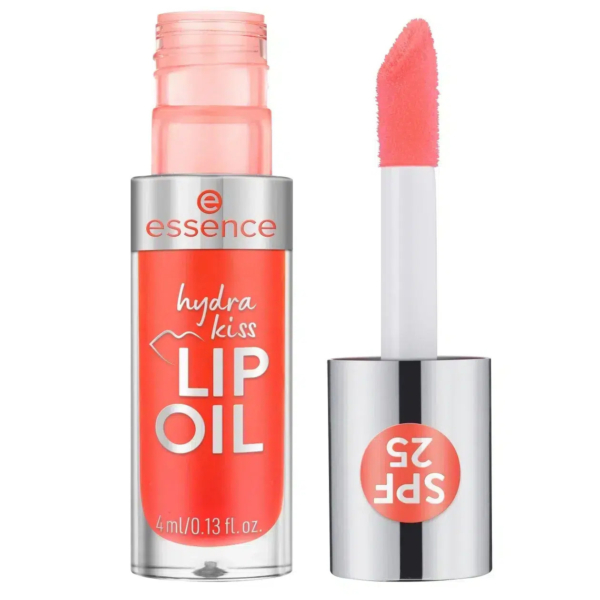 Un tube d'huile pour les lèvres Essence Hydra Kiss avec un bouchon argenté portant l'inscription « SPF 25 ». De couleur rouge rosé, le tube porte le nom du produit. L'applicateur est doté d'un embout rose clair. Dakar
