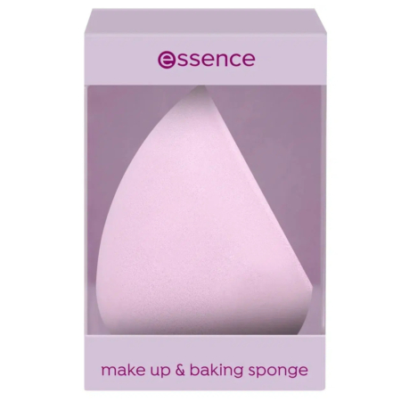Une éponge à maquillage et à pâtisserie rose pastel est présentée dans une boîte transparente aux motifs lavande et blanc. Le mot « essence » est inscrit en haut et « éponge à maquillage et à pâtisserie » en bas. Dakar