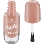 Un flacon de vernis à ongles Essence, étiqueté « nude to know », d'une couleur nude claire. Le bouchon, présenté séparément à droite, se retire pour révéler le pinceau applicateur. Dakar