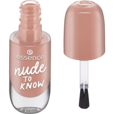 Un flacon de vernis à ongles Essence, étiqueté « nude to know », d'une couleur nude claire. Le bouchon, présenté séparément à droite, se retire pour révéler le pinceau applicateur. Dakar