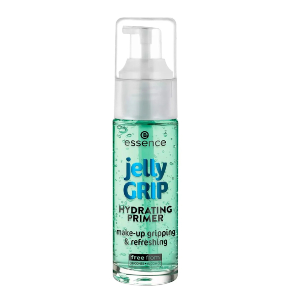 Un flacon pompe transparent de base hydratante Essence Jelly Grip contenant un gel vert. L'étiquette indique « fixation et fraîcheur du maquillage », ce qui indique qu'il est sans silicones ni alcool. Le flacon est doté d'un bouchon transparent. Dakar