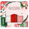 Coffret cadeau festif de vernis à ongles Essie comprenant trois flacons. Couleurs : vert foncé, blanc et rouge rosé. L'emballage est décoré de motifs de Noël, comme des boules, des cannes à sucre et des cadeaux. Dakar