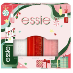 Coffret cadeau festif de vernis à ongles Essie comprenant trois flacons. Couleurs : vert foncé, blanc et rouge rosé. L'emballage est décoré de motifs de Noël, comme des boules, des cannes à sucre et des cadeaux. Dakar