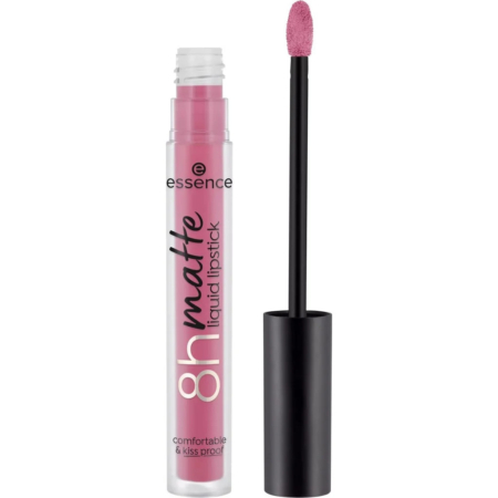 Un tube de rouge à lèvres liquide mat Essence 8h dans une teinte rose pâle. Le tube transparent est doté d'un bouchon noir et d'un applicateur. L'étiquette indique « Confortable et résistant aux baisers ». Dakar