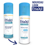 Deux flacons de déodorant anti-transpirant Etiaxil sont présentés. L'un est étiqueté pour les peaux sensibles (vaporisateur), et l'autre est un spray pour la protection des pieds. Tous deux offrent une protection anti-odeurs de 48 heures. L'inscription « Nouveau Look Etiaxil » est en haut à droite. Dakar