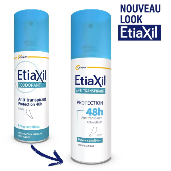Deux flacons de déodorant anti-transpirant Etiaxil sont présentés. L'un est étiqueté pour les peaux sensibles (vaporisateur), et l'autre est un spray pour la protection des pieds. Tous deux offrent une protection anti-odeurs de 48 heures. L'inscription « Nouveau Look Etiaxil » est en haut à droite. Dakar
