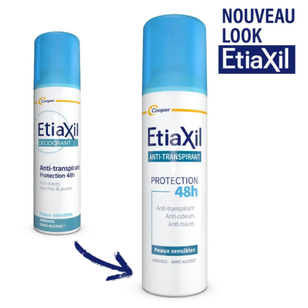 Deux déodorants Etiaxil au design bleu et blanc. À gauche, une ancienne version avec un bouchon bleu, et à droite, une nouvelle version au design similaire. Texte : « Nouveau Look Etiaxil » indiquant le nouveau look. Dakar