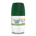 Un déodorant à bille vert et blanc, étiqueté « Etiaxil BIO », conçu pour les peaux sensibles et offrant une protection 48 heures. L'étiquette mentionne qu'il est d'origine végétale et sans aluminium. Dakar