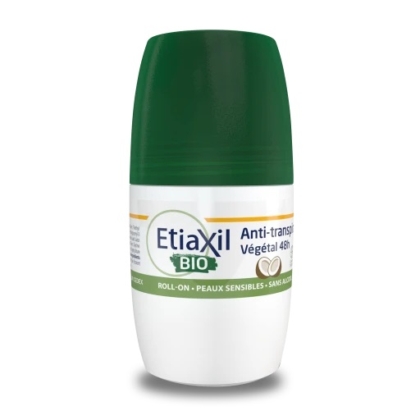 Un déodorant à bille vert et blanc, étiqueté « Etiaxil BIO », conçu pour les peaux sensibles et offrant une protection 48 heures. L'étiquette mentionne qu'il est d'origine végétale et sans aluminium. Dakar