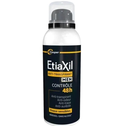 Spray déodorant anti-transpirant Etiaxil Men, offrant une protection 48 heures, conçu pour les peaux sensibles. Anti-odeurs, anti-traces et sans alcool. Emballage noir et blanc avec touches orange. Dakar