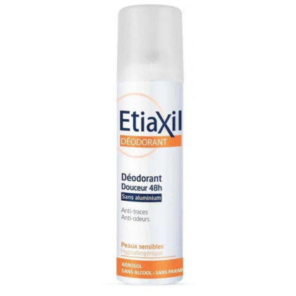 Un aérosol blanc de déodorant Etiaxil est présenté. L'étiquette met en avant des caractéristiques telles que protection 48 heures, sans aluminium, anti-taches, anti-odeurs, adapté aux peaux sensibles, hypoallergénique, sans alcool et sans parabène. Dakar