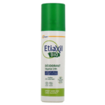 Un flacon de déodorant Etiaxil BIO avec un bouchon vert. L'étiquette indique qu'il s'agit d'un déodorant végétal 24 heures à base d'ingrédients d'origine naturelle. Le texte mentionne des actifs anti-odeurs, un parfum de thé vert et l'absence de gaz ni d'alcool. Dakar