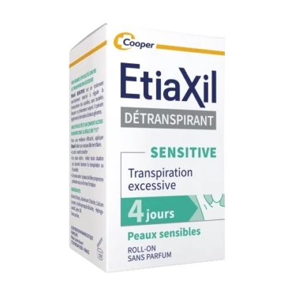 Boîte d'EtiaXil Détranspirant pour peaux sensibles, revendiqué comme un contrôle de la transpiration excessive jusqu'à 4 jours. L'emballage est principalement blanc et vert, avec un texte en français. Dakar