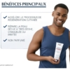 Un homme en débardeur bleu tient Eucerin Aquaphor Baume Réparateur Cutané 198 g, soulignant ses bienfaits : accélère la régénération cutanée, répare les peaux très sèches ou craquelées et est sans parfum. Dakar