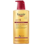 L'Huile de Douche Eucerin pH5 400 ml, avec son flacon jaune et son bouchon pompe rouge, est idéale pour les peaux sèches et sensibles. Elle contient des huiles nourrissantes naturelles et un système d'équilibrage du pH pour protéger la barrière cutanée, similaire à celui de la Crème Douche Dove. L'étiquetage est en français. Dakar