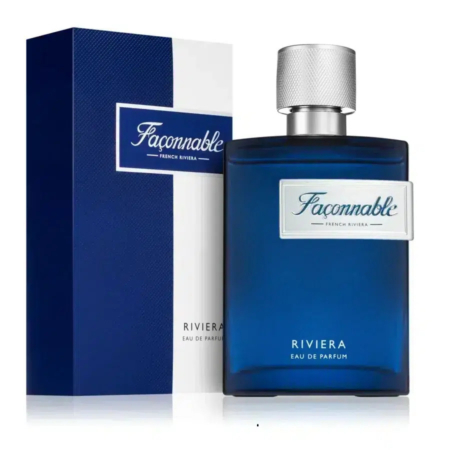 Un flacon d'Eau de Parfum Façonnable Riviera est présenté à côté de son coffret assorti. Le flacon est bleu profond, avec un bouchon métallique et une étiquette portant le nom de la marque. Le coffret est bleu et blanc, avec le même logo. Dakar