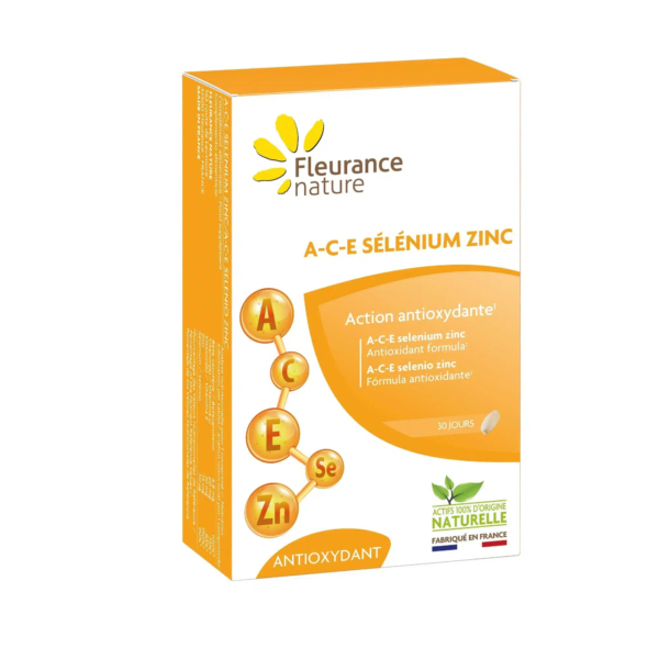 Une boîte de compléments alimentaires Fleurance Nature étiquetée « A-C-E Sélénium Zinc ». Le devant met en avant « Action antioxydante » et comporte des pictogrammes pour les vitamines A, C, E, le sélénium et le zinc. La mention « 30 jours » est inscrite sur l'emballage et « Fabriqué en France » avec une étiquette de produit naturel. Dakar