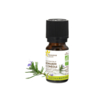 Un petit flacon marron d'huile essentielle de romarin à cinéole Fleurance Nature, avec un bouchon noir. L'étiquette présente la marque et les informations produit. Un brin de romarin est placé à côté du flacon sur fond blanc. Dakar
