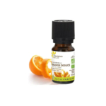 Un petit flacon d'huile essentielle d'orange douce Fleurance Nature est présenté. Le flacon est doté d'un bouchon et d'une étiquette noirs aux accents orange et verts. Deux tranches d'orange fraîche sont disposées à côté. Le flacon a une contenance de 10 ml. Dakar