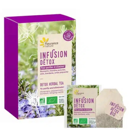 Une boîte de tisane Détox Fleurance Nature avec un sachet de thé visible. La boîte présente des images de plantes et une palette de couleurs à dominante violette et verte. Le texte « Infusion Détox » est accompagné d'ingrédients comme le romarin et la menthe poivrée. Dakar