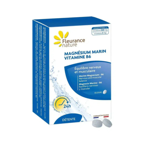 Une boîte de compléments alimentaires Fleurance Nature Magnésium Marin et Vitamine B6. L'emballage bleu et blanc aux touches de jaune met en valeur les bienfaits pour l'équilibre nerveux et musculaire. Contient 30 comprimés, pour une libération 24 heures. Fabriqué en France. Dakar