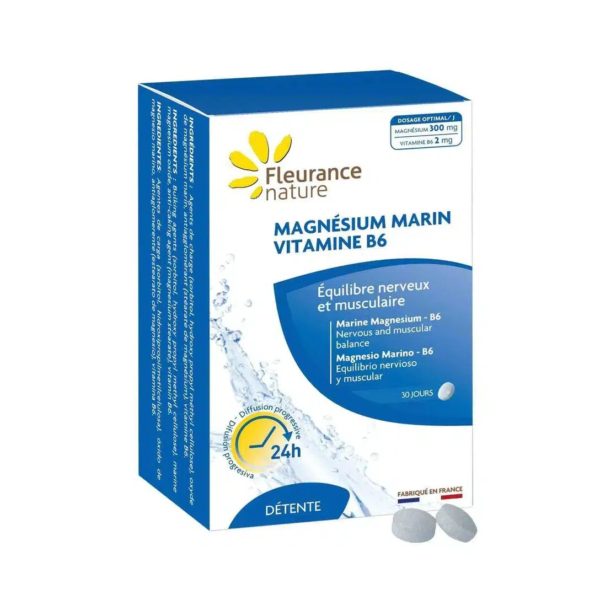 Une boîte de compléments alimentaires Fleurance Nature Magnésium Marin et Vitamine B6. L'emballage bleu et blanc aux touches de jaune met en valeur les bienfaits pour l'équilibre nerveux et musculaire. Contient 30 comprimés, pour une libération 24 heures. Fabriqué en France. Dakar